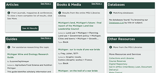 MSU Libraries bento box showing search results