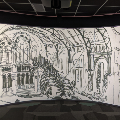 Digitized hand drawnings displayed in the Digital Scholarship Lab 360 room