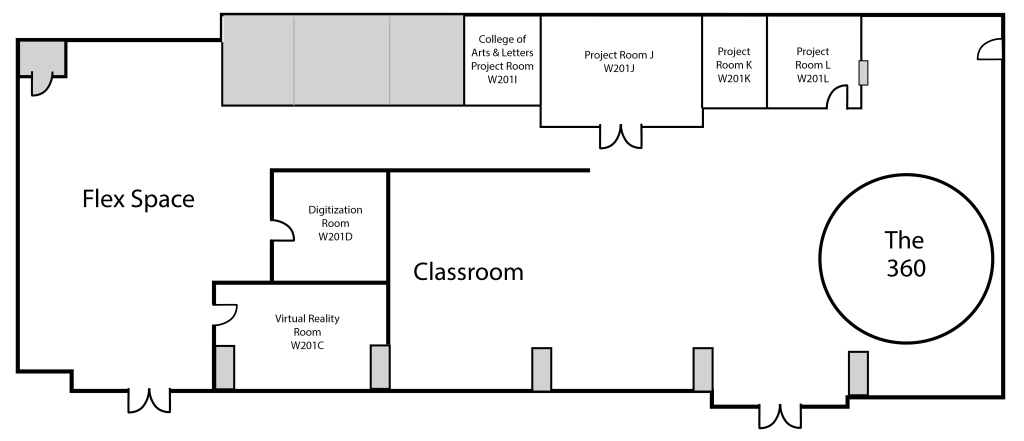 Floorplan of the Digital Scholarship Lab. This image shows the outline of the Lab and a map of the rooms inside the Lab, including the project rooms, the 360, the Classroom, the Flex Space, the Digitization Room, and the Virtual Reality Room.