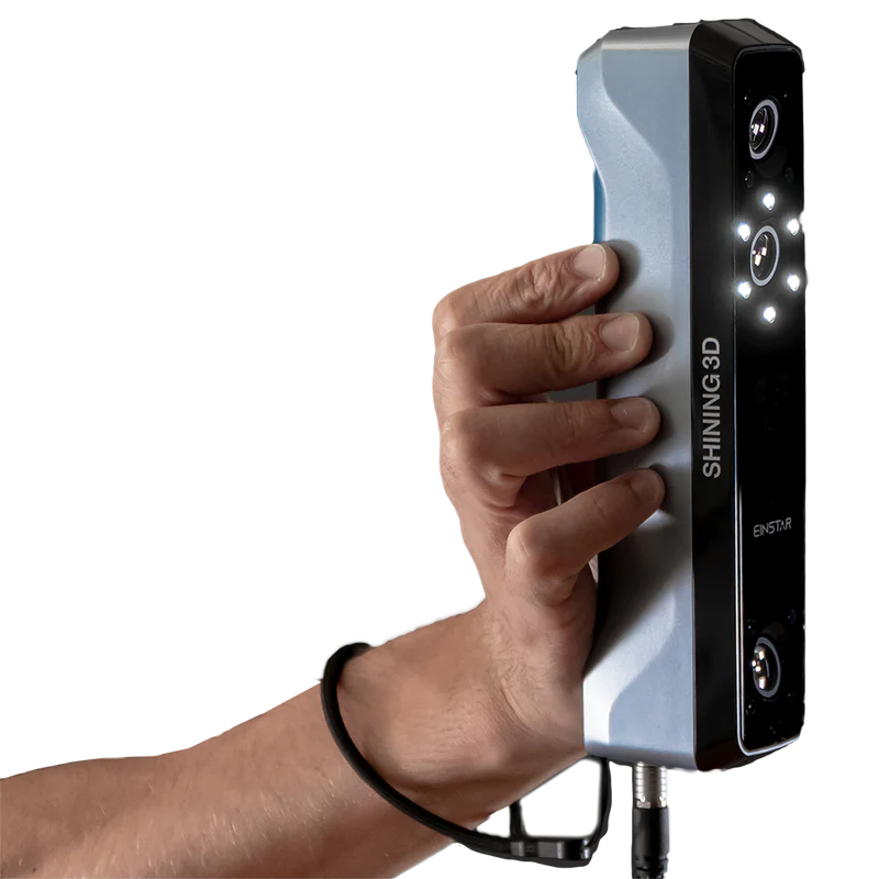 Einstar 3D Scanner held in one hand while LED lights flash to scan an object.