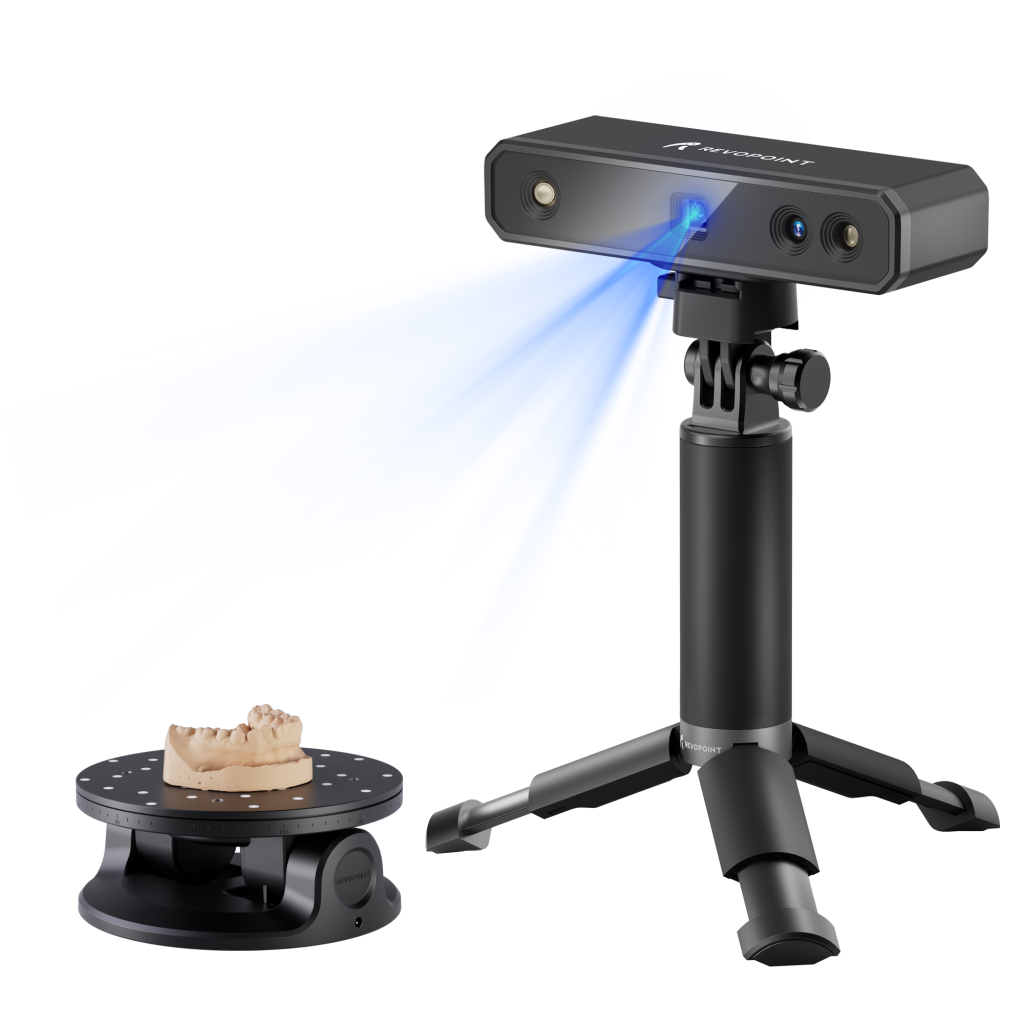 Revopoint mini 3d scanner using a blue light to scan an object on a rotating turntable.