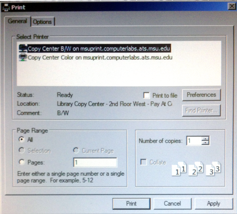Windows 7 Print dialog box with the selection of available printers in the MakeCentral.
